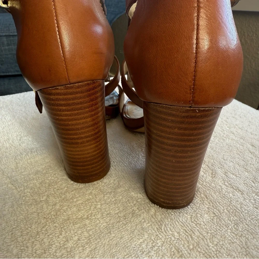 Michael Kors Robin T Strap Brown Leather Heeled Sandals Size 6.5